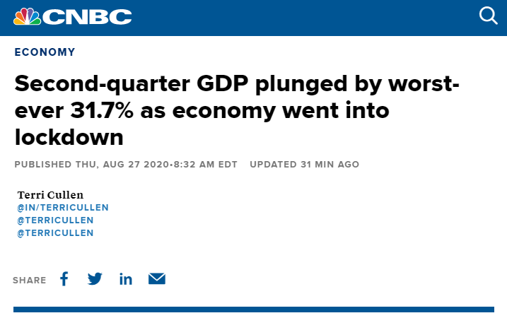 △CNBC报道，因为疫情导致经济停摆，美国二季度GDP暴跌31.7%。