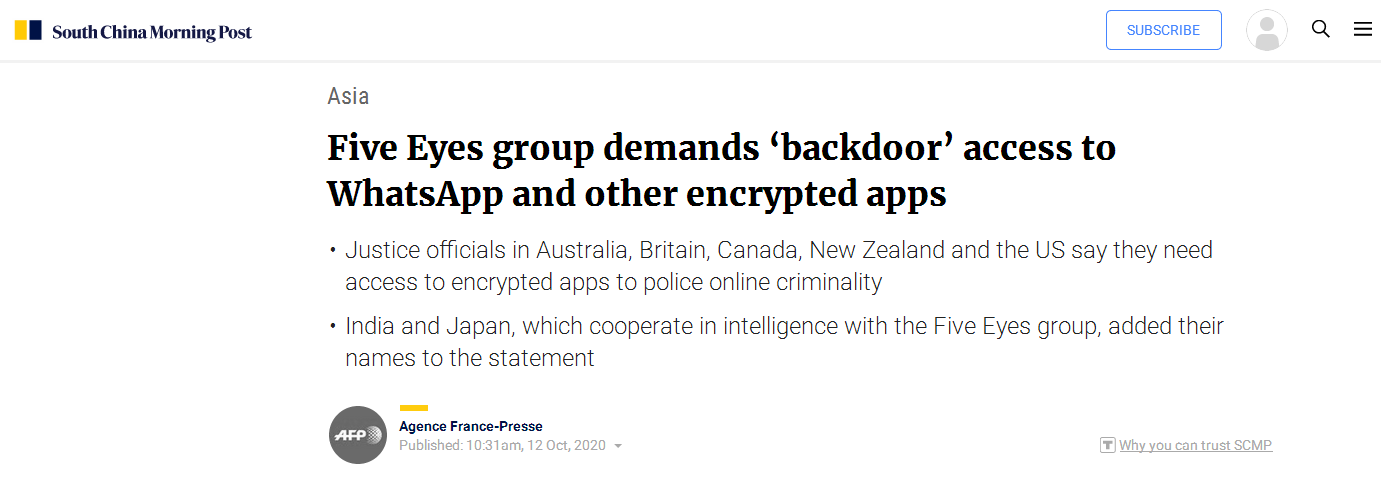 外媒爆料：“五眼联盟”要求科技公司“开后门”以访问加密数据