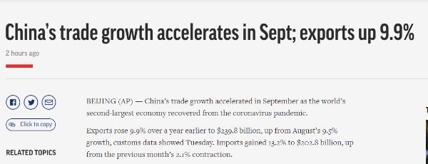 外媒：中国9月进口同比超预期大增13.2%