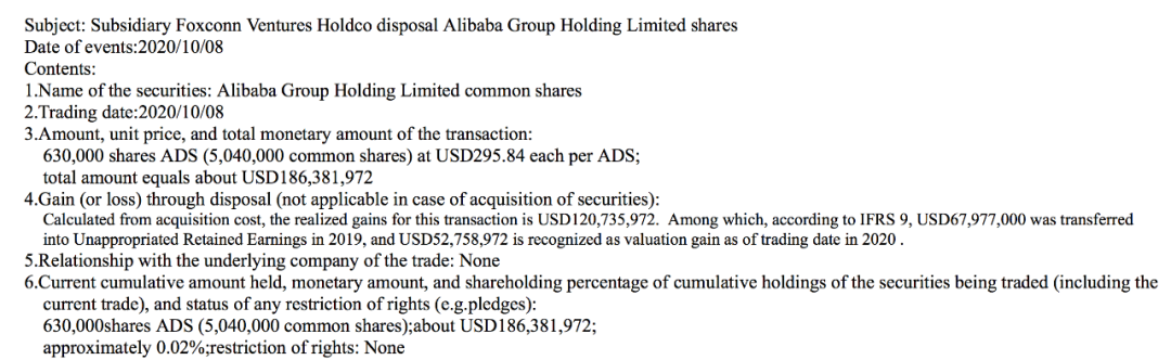 又卖掉阿里股票：富士康创投两年套现57.5亿 投资回报率超2800%
