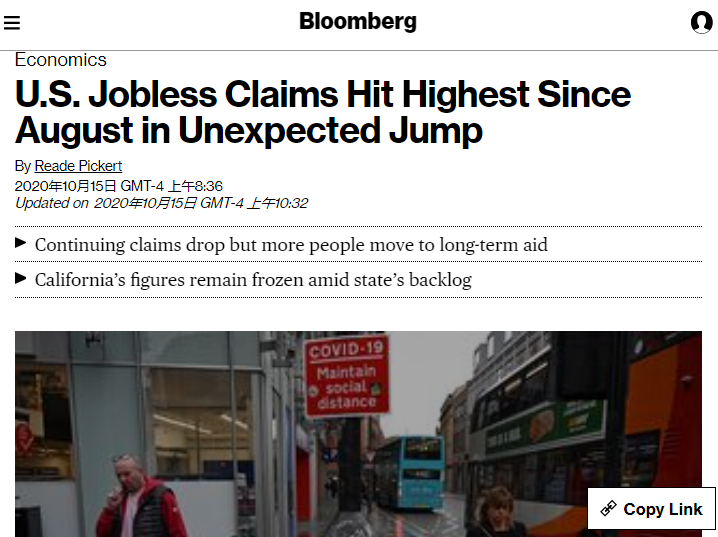 △彭博社称，美国首次申请失业救济人数意外激增，达8月以来最高水平