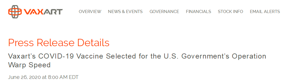 Vaxart在6月的新闻稿中声称其新冠疫苗入选“曲速行动”项目
