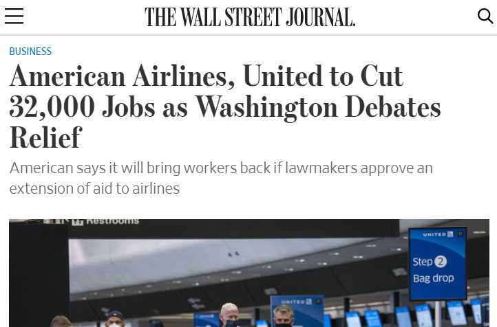 △ 《华尔街日报》称，由于等不到援助资金，美国两大航空公司裁员规模恐达3.2万人
