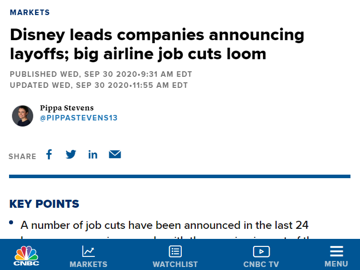 △ CNBC报道，迪士尼等大型企业宣布裁员，而航空公司大裁员也迫在眉睫