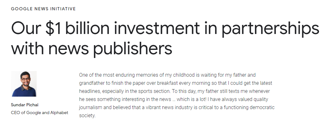 巨大压力之下 谷歌承诺未来三年向出版商支付10亿美元