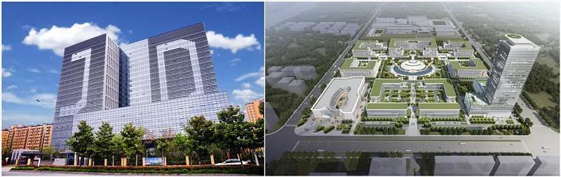 京东客服中心宿迁二期大楼实景(左)和投入40亿元的,在建的三期智慧城