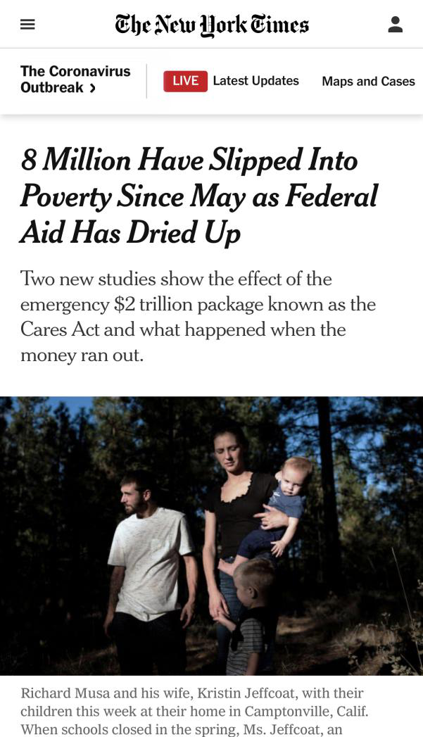 △《纽约时报》报道，随着联邦援助计划过期，5月以来，美国约有800万人陷入贫困