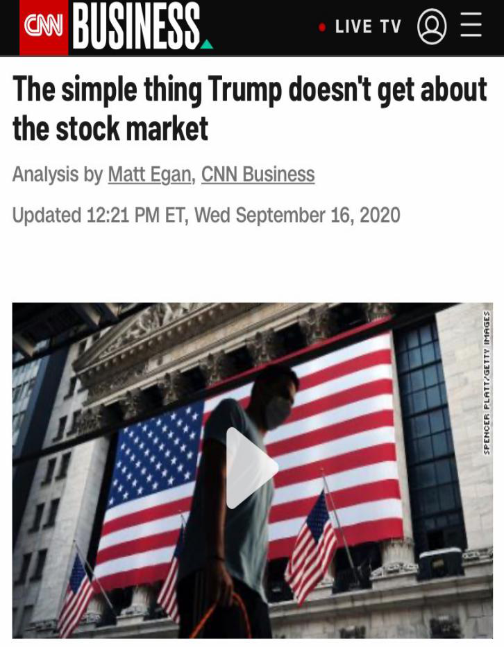 △CNN称，特朗普说“股价上涨每个人都有份”，但事实上，上千万美国人无法感受到股市的繁荣