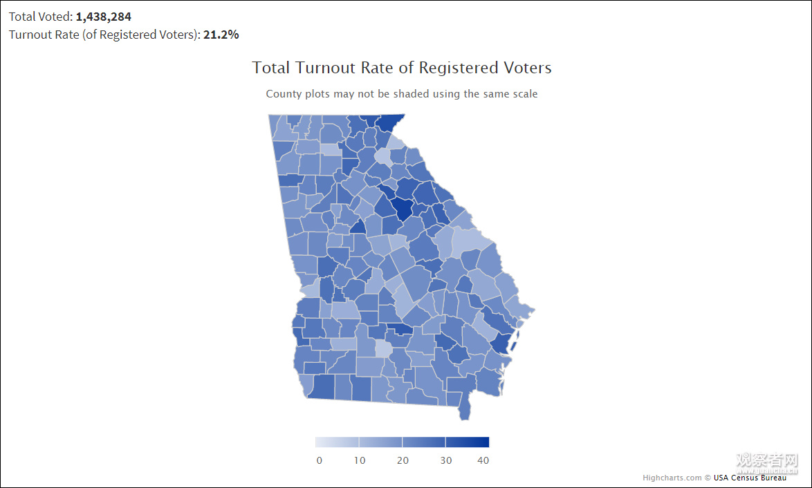 佐治亚州提前投票人口分布 图自美国人口普查局