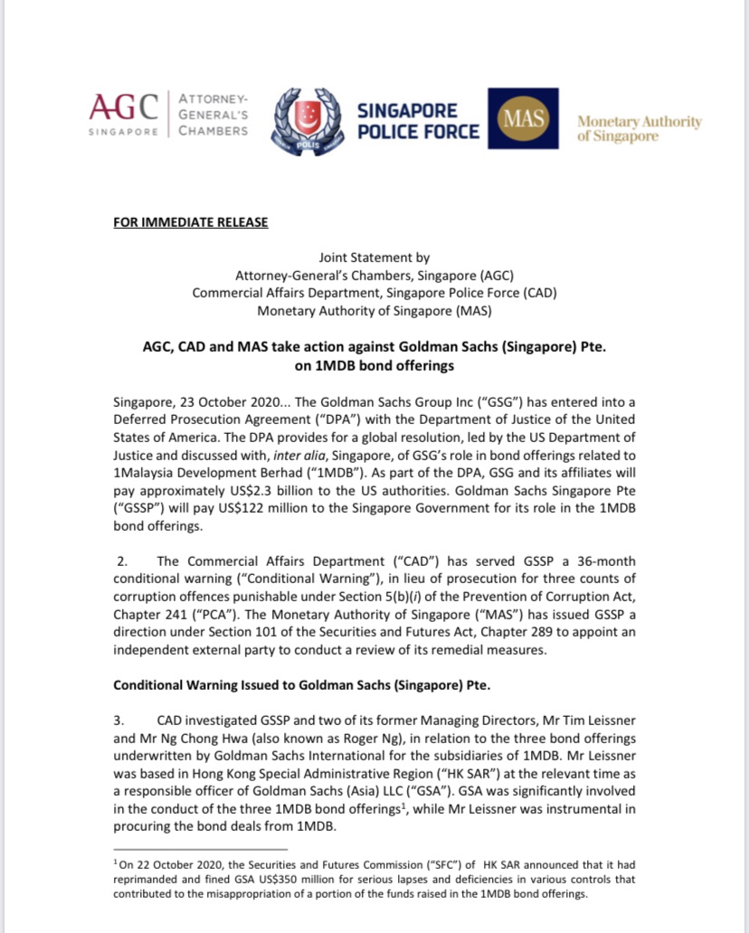 协议达成 高盛将就“一马案”赔偿新加坡政府1.22亿美元