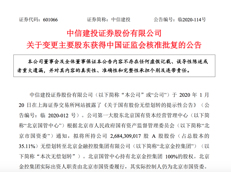 无偿划转完成:北京金控成中信建投第一大股东 持有35.11%股份