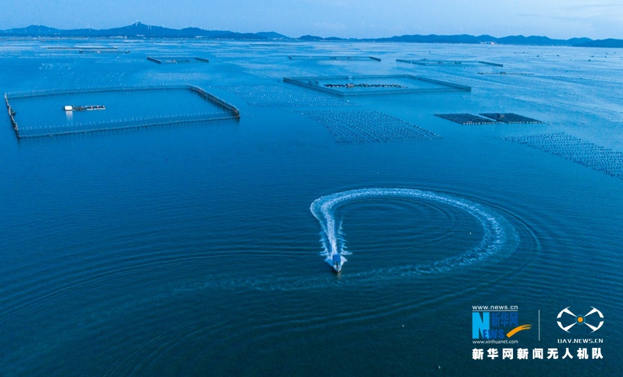 生态海域综合治理，下西坑海域逐渐实现渔旅结合、海清水净的目标。傍晚，游客乘坐快艇感受海上田园风光（无人机照片）。新华网 肖和勇 摄