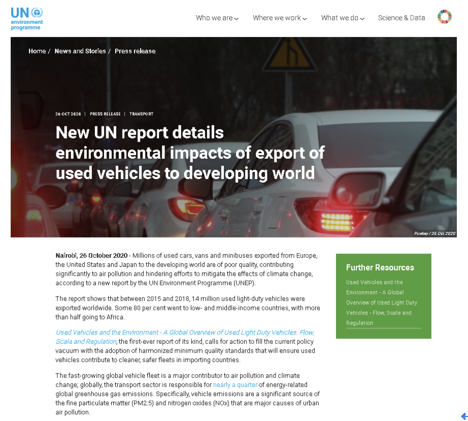 联合国环境署：从欧美日出口的二手车多是污染型车辆 质量低劣