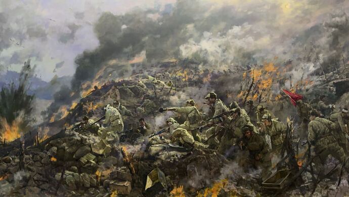 油画家,清华大学美术学院教授王铁牛正在为大型油画《上甘岭》做后期