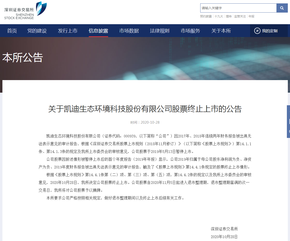 深交所出手：生物质发电第一股*ST凯迪彻底凉凉 万股东踩雷