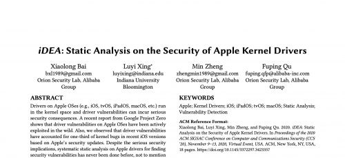 图说：新一代安全架构安全技术层的核心技术 iDEA 可对苹果终端设备的驱动模块进行 “安全体检”，阿里安全阐述该技术的论文被国际顶会 ACM CCS 2020 录用。