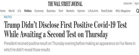 美媒：特朗普10月1日已得到首个阳性结果 却未在节目上公开
