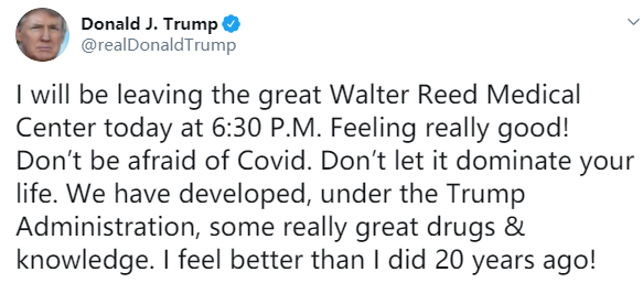 特朗普离开沃尔特·里德医疗中心 将返回白宫