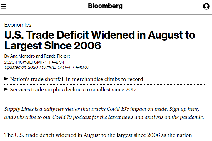△彭博社报道：美国8月贸易逆差扩大至2006年以来最高水平