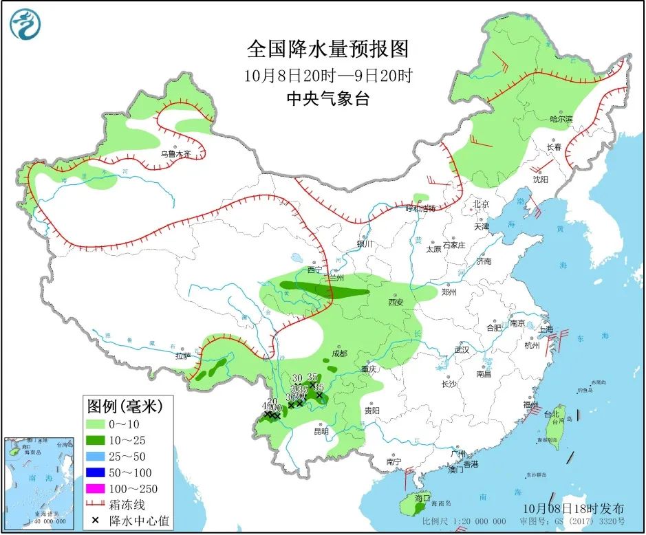 图1 全国降水量预报图（10月8日20时-9日20时）
