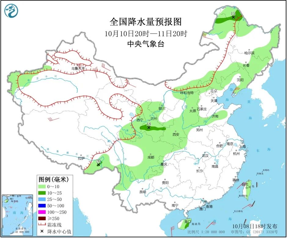 图3 全国降水量预报图（10月10日20时-11日20时）