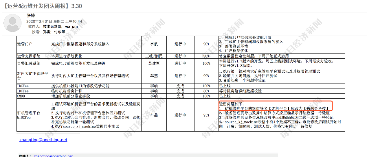 售后技术服务周报（可以看到该周报同步给了技术运营部整个部门，在2020年3月，该部门有50多人）。图片来源：陈磊供图