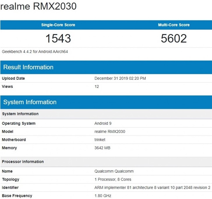 Realme 5i现身Geekbench 或搭载骁龙665 SoC+ColorOS 6