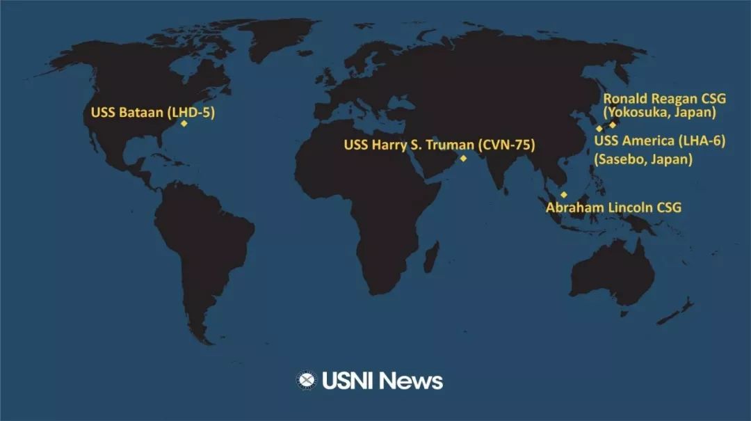 2019年12月23日、30日，美国林肯号航母编队位置示意图。图片来源：美国海军学会网站。
