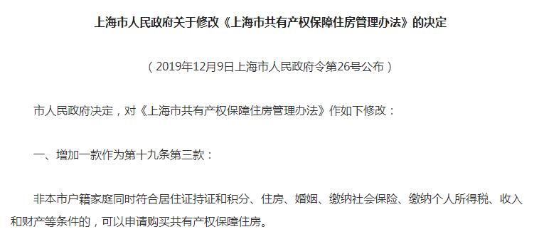 上海共有产权房新政：非本市户籍符合条件也可购买