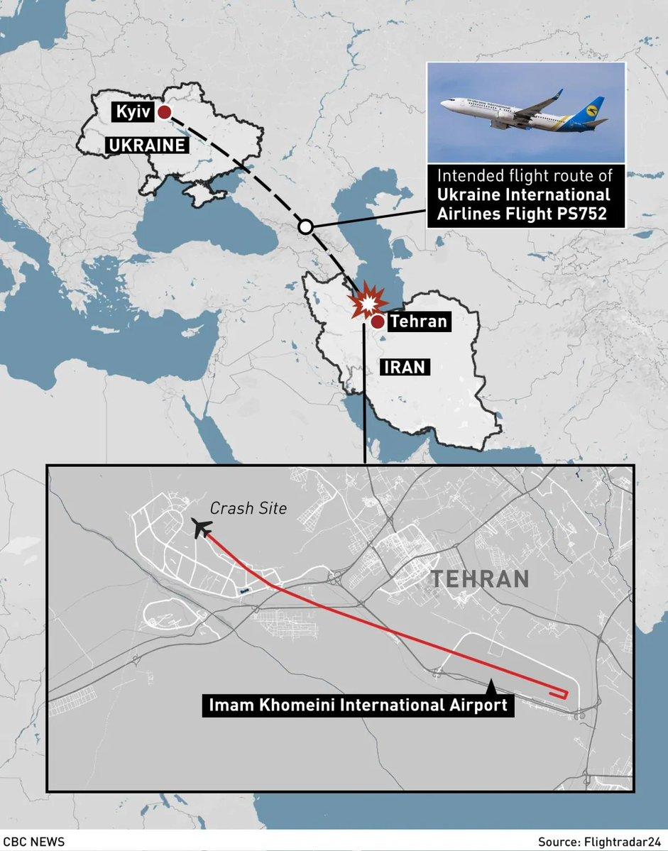 ▲航空號PS752的波音737-800航班，原本的飛行計劃及實際的飛行線路示意圖。圖據