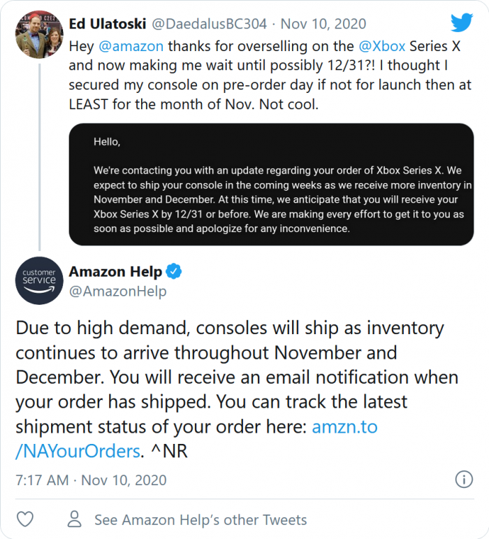 Xbox Series X上市 亚马逊预订消费者收货时间可能要延期 亚马逊 微软 Xbox Series X 新浪科技 新浪网