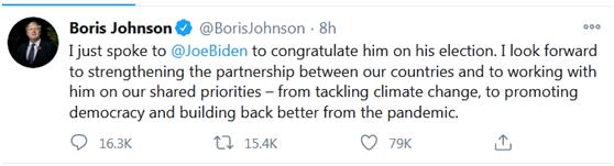 英国首相约翰逊致电祝贺拜登 期待加强英美关系