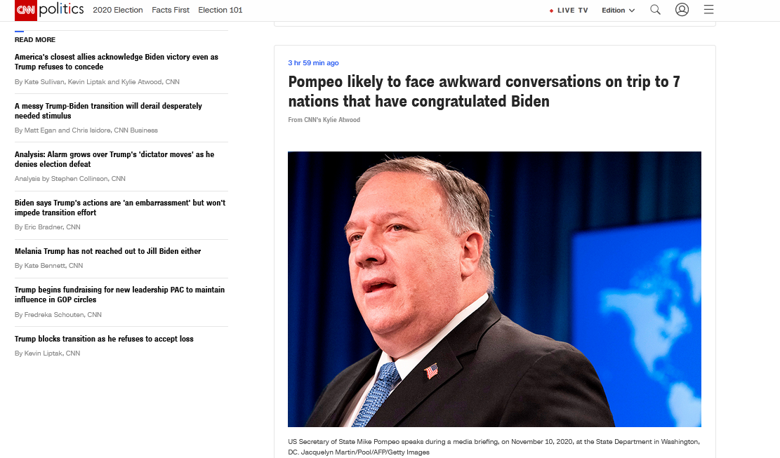 蓬佩奥将访7个祝贺拜登“胜选”的国家 美媒：可能面临尴尬对话