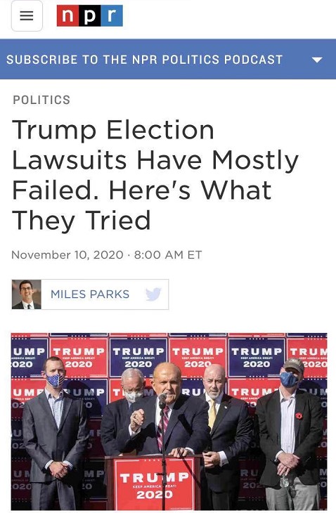 △美国国家公共广播电台统计，特朗普竞选团队目前至少在全国五个州里提起了十几起诉讼