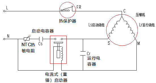 电流式 (重锤)起动器接线原理图:如图2所示,起动器的磁力线圈和压缩机