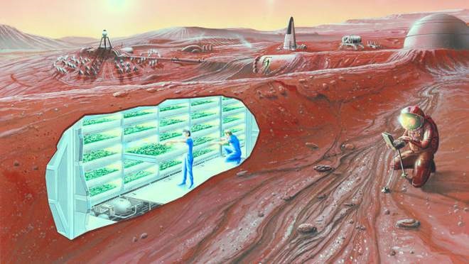 图：艺术家对人类火星基地的构思，其剖切面揭示了内部园艺区