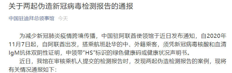 2人伪造新冠检测报告 中国驻迪拜总领馆：严肃追究法律责任