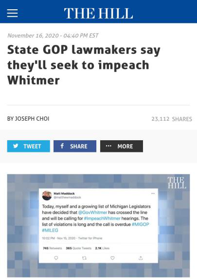 △《国会山报》报道，密歇根州州议会的一些共和党议员，正在试图弹劾积极积极抗疫的州长惠特默