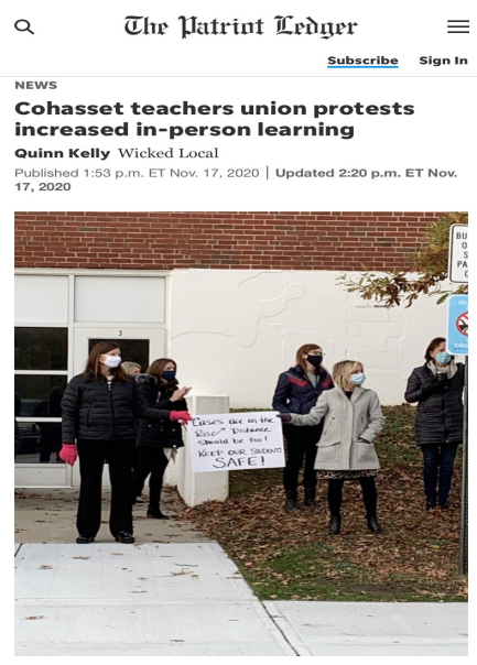 △萨诸塞州当地媒体报道，科哈塞特镇教师工会抗议该学区即将增加面对面授课的计划。