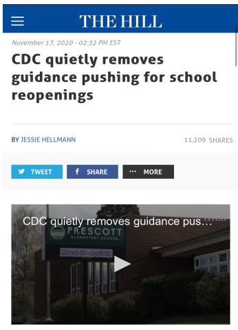 △《国会山报》报道，CDC悄悄删除了推动重启校园的指导文件。