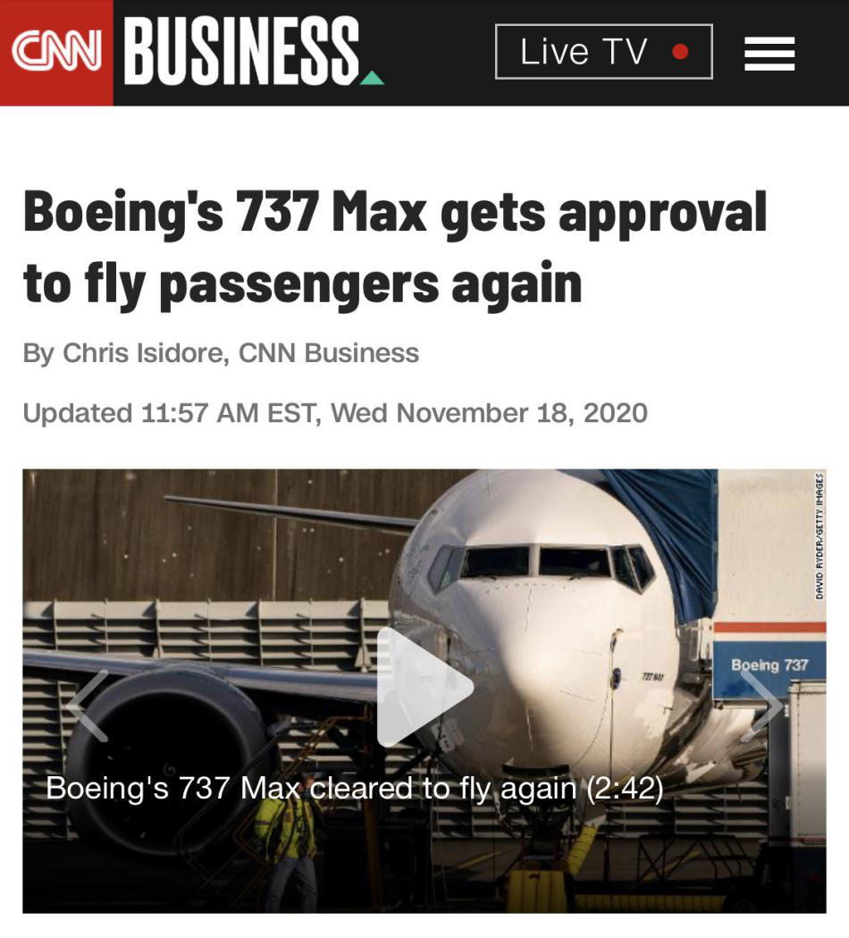 △CNN报道称，波音737 Max获准重新载客飞行