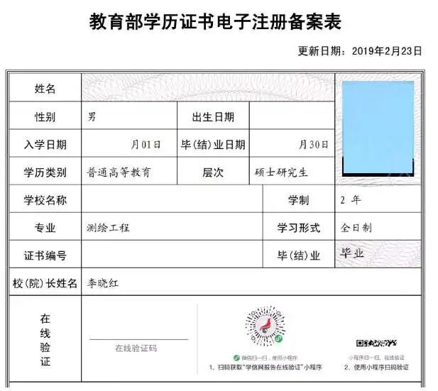 《教育部学历证书电子注册备案表》示例照片