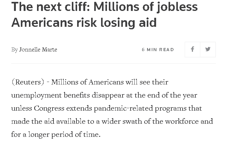 △路透社刊登文章：下一個懸崖：數百萬失業美國人可能失去救助