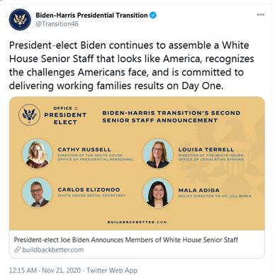 图说：以上截图来均源于拜登-哈里斯总统过渡官方推特账号。可以看到过渡期高级员工中多名提名员工为女性