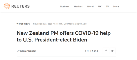 通话之后 新西兰总理：已提议为拜登团队提供帮助应对疫情
