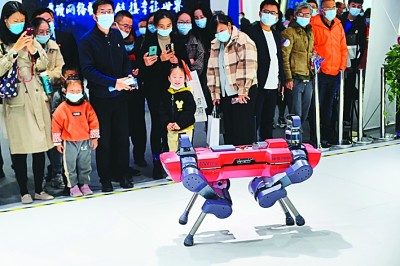     在中国电子科技集团有限公司展台，四足机器人吸引观众驻足。新华社记者 黄宗治摄