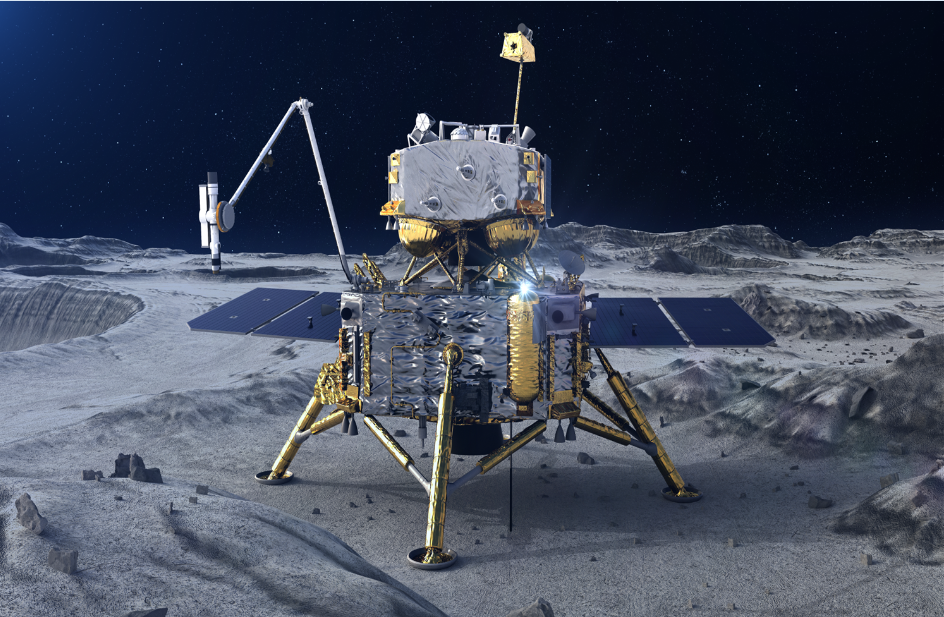 上图：嫦娥五号探测器在月面工作示意图。（图片来源：国家航天局）