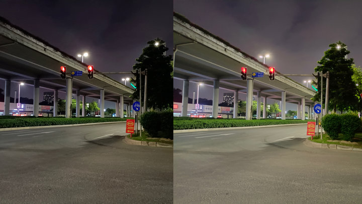 ▲ 左：主摄默认设置。右：主摄夜景模式。（现场比左图更暗，但右图第一观感更好，光线再暗一点夜景模式就会有更大的发挥的空间了。）