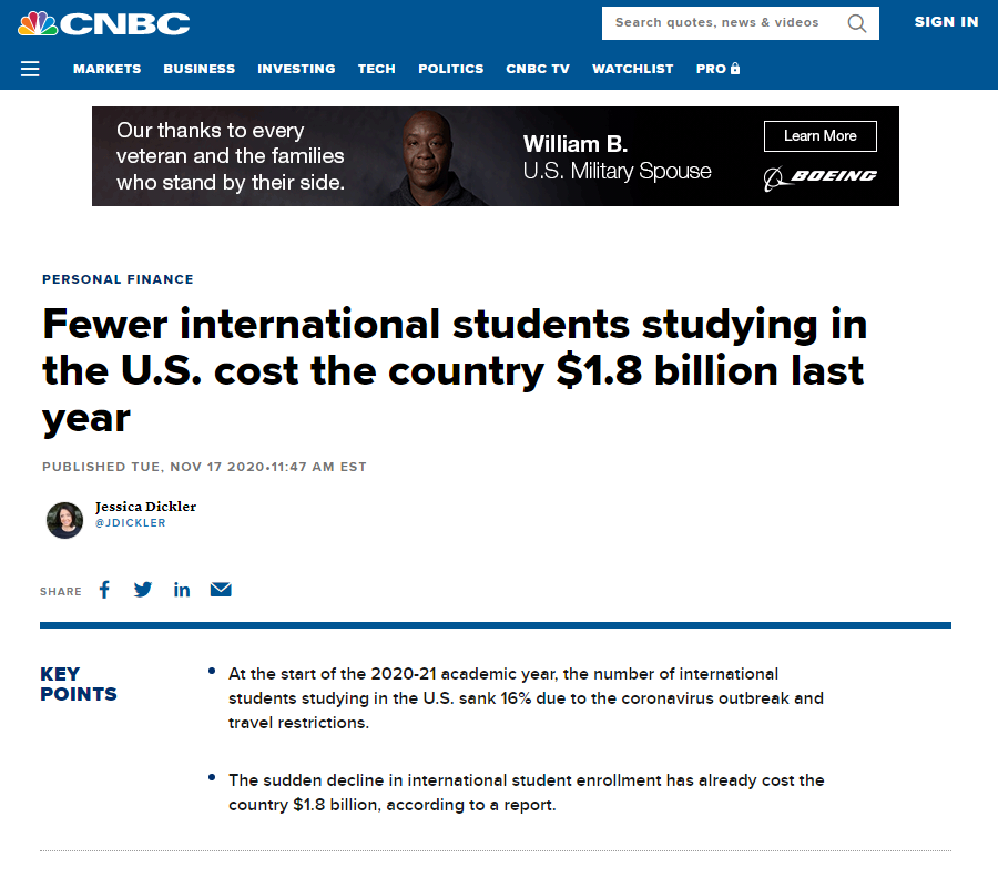 △CNBC报道，留学美国的国际学生越来越少，去年让美国损失了18亿美元