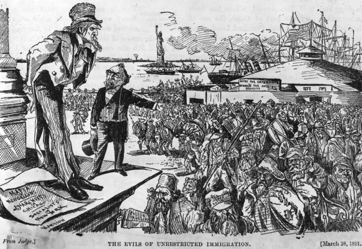 △1891年时，美国社会流行的歧视外来移民的漫画，图下方的文字称“无限制的移民是罪恶的”。（图片来源：《波士顿邮报》）